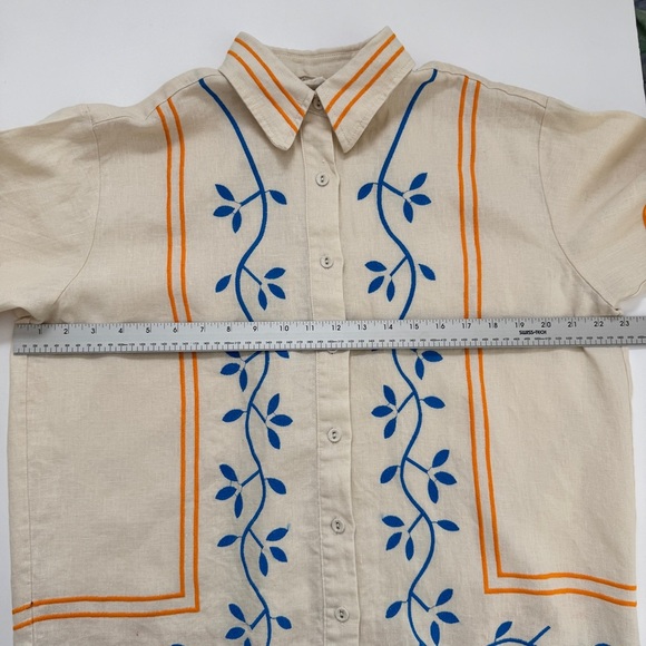 VRG Grl Blouse Sunsets Capri Linen Natural Button Down Collared Embroidered Sz 8 - Picture 6 of 16